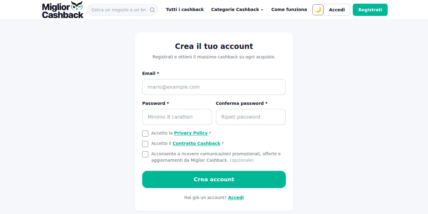 Schermata di login e registrazione di BesterCashback