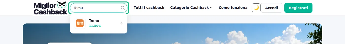 Barra di ricerca di BesterCashback con il termine Temu