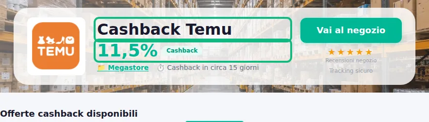 Pagina cashback di Temu su BesterCashback