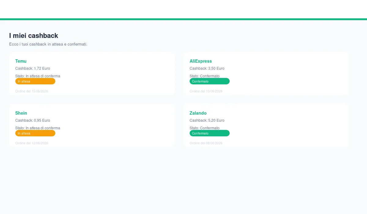 Area utente BesterCashback con cashback in attesa