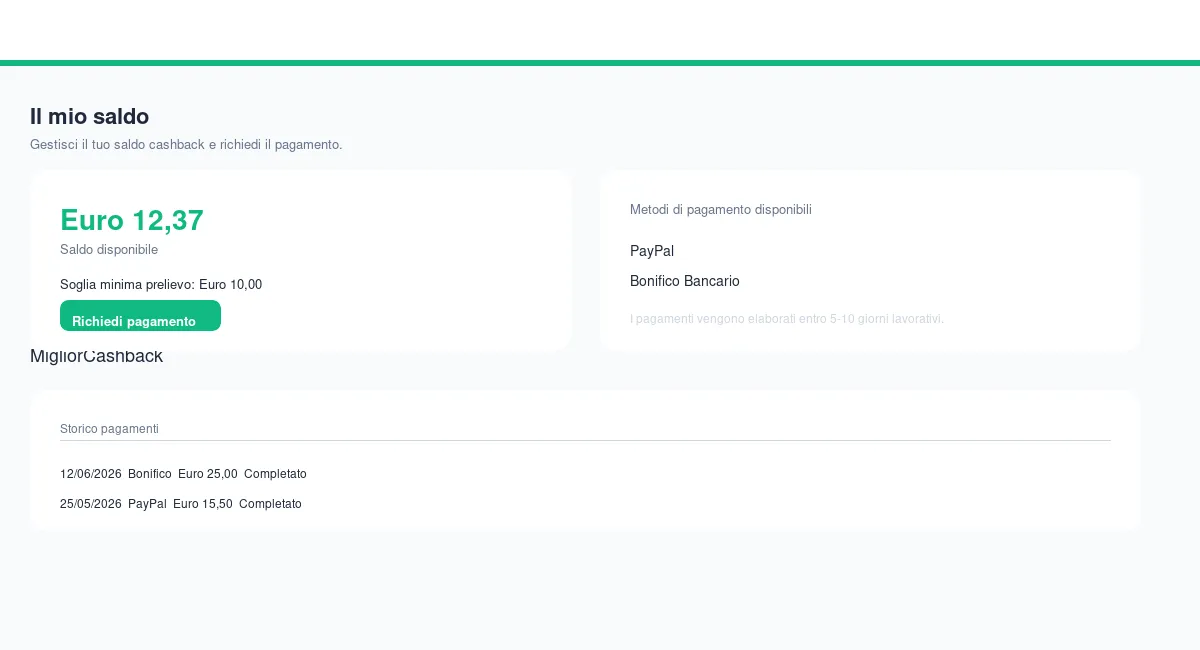 Schermata di riepilogo saldo e prelievo su BesterCashback